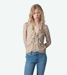 Blouse Tresse - Blouse en crêpe jaune imprimé liberty et ailes, asymétrique et à volants.