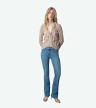 Blouse Tresse - Blouse en crêpe jaune imprimé liberty et ailes, asymétrique et à volants.