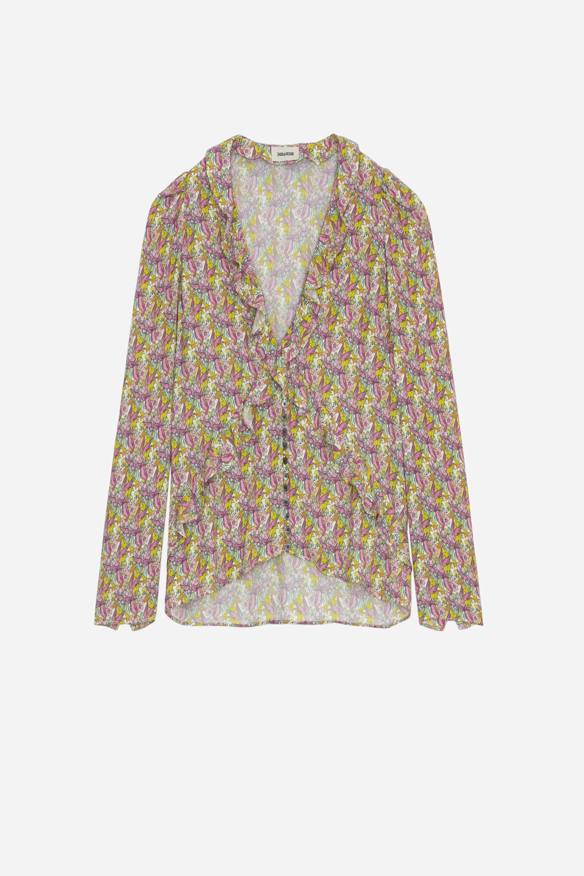 Tresse Blouse Women's asymmetric yellow crepe blouse featuring liberty print, wings and ruffle details.
