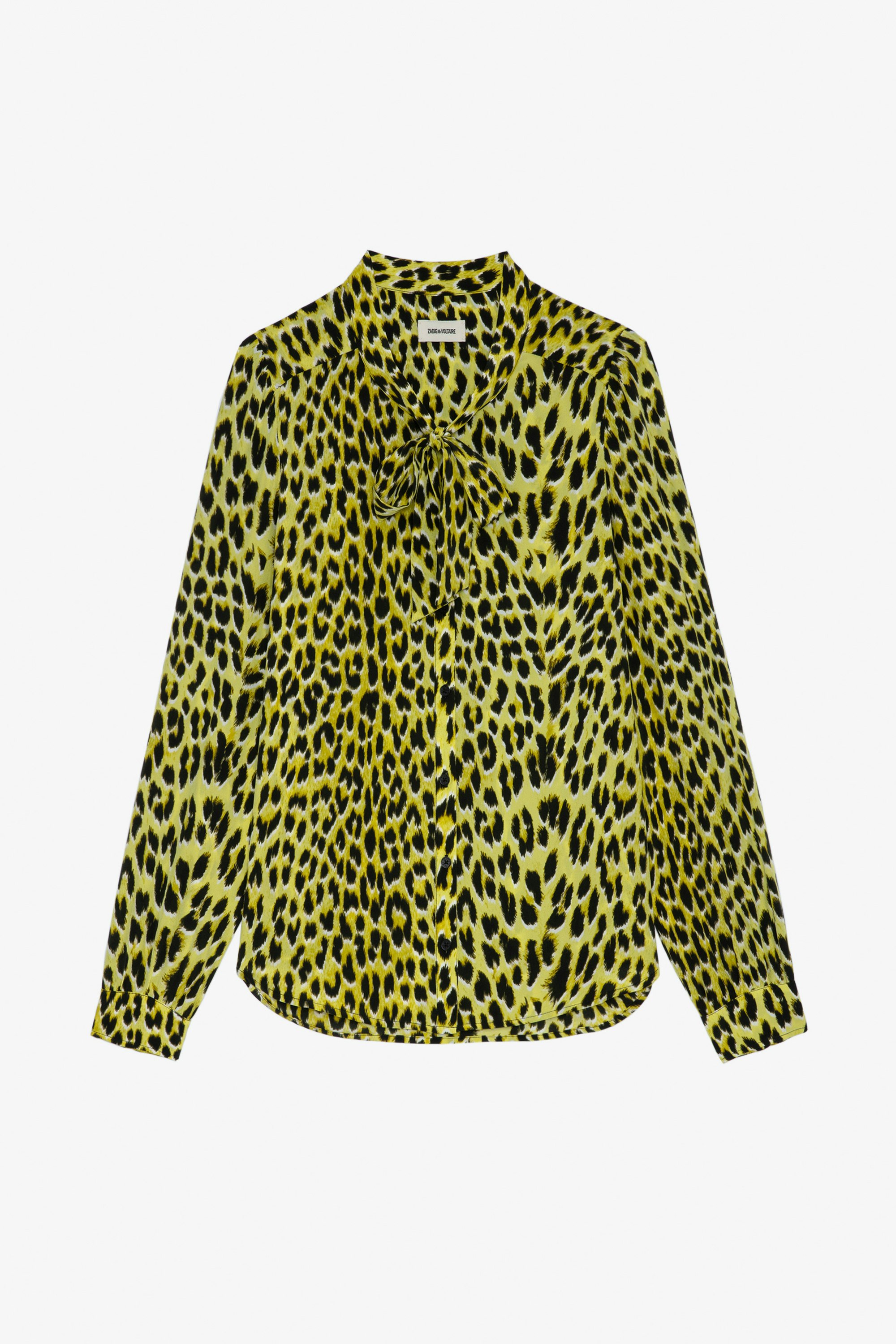 Blusa de seda con estampado de leopardo Taos - Blusa amarilla de seda con estampado de leopardo y cuello lavallière para mujer.