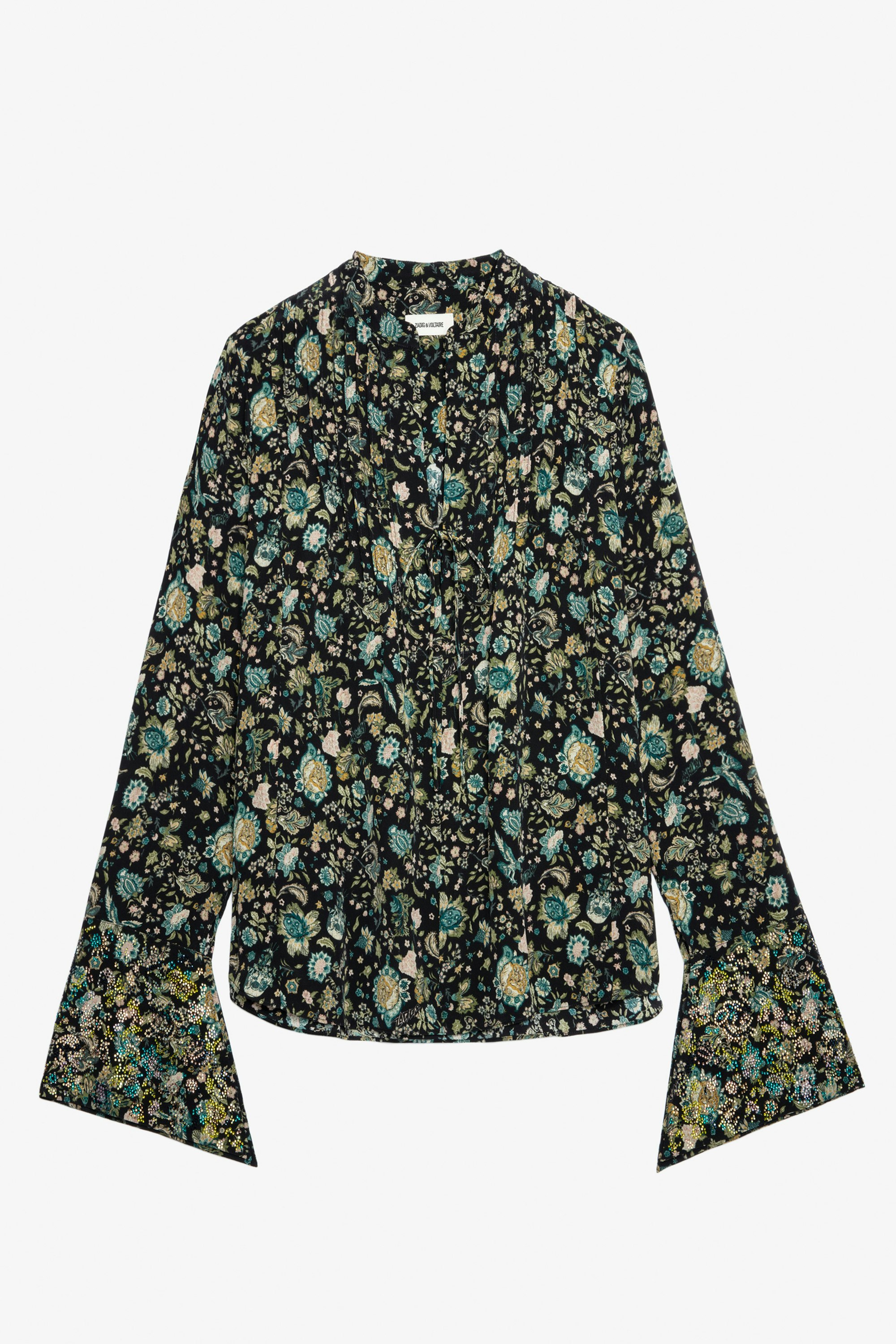 Blusa de Seda con Strass Taika - Blusa negra de seda con estampado de flores y strass, cuello para anudar y mangas largas.