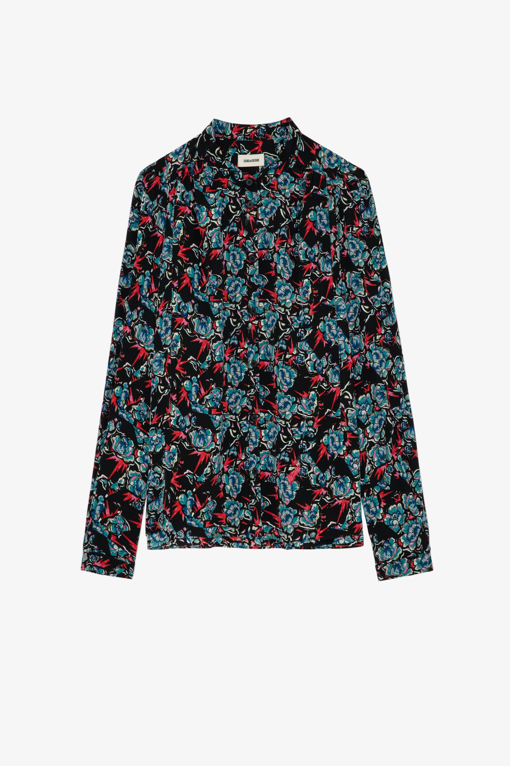 Tchin Thunder Silk Shirt Women’s black floral-print silk shirt.