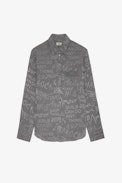 Camicia Morning Seta jacquard - Camicia grigia da donna in seta jacquard manifesto, ricamo "Act For Love" e tasca con pizzo.