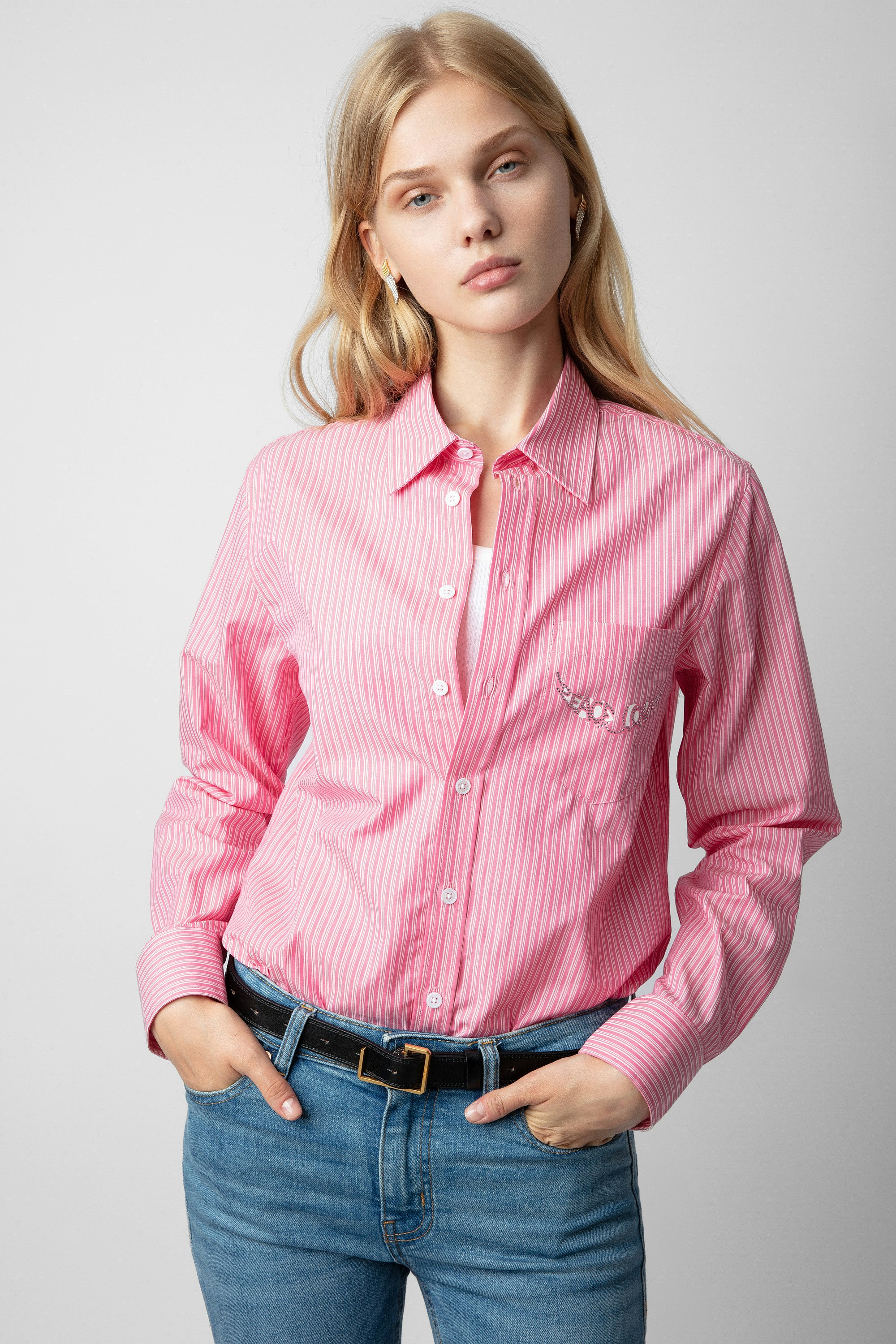 Taskiz Diamanté Shirt - Women’s striped pink cotton shirt with wing-shaped “Peace & Love” diamanté slogan.