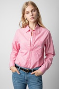 Taskiz Diamanté Shirt - Women’s striped pink cotton shirt with wing-shaped “Peace & Love” diamanté slogan.