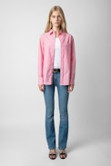 Taskiz Diamanté Shirt - Women’s striped pink cotton shirt with wing-shaped “Peace & Love” diamanté slogan.