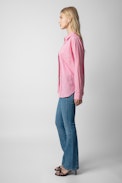Taskiz Diamanté Shirt - Women’s striped pink cotton shirt with wing-shaped “Peace & Love” diamanté slogan.