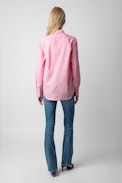 Taskiz Diamanté Shirt - Women’s striped pink cotton shirt with wing-shaped “Peace & Love” diamanté slogan.