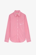 Camicia Taskiz Strass - Camicia da donna in cotone rosa a righe con scritta "Peace & Love" in strass a forma di ali.