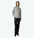Tink Blouse - Women’s ecru floral-print blouse with open collar.