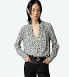 Tink Blouse - Women’s ecru floral-print blouse with open collar.