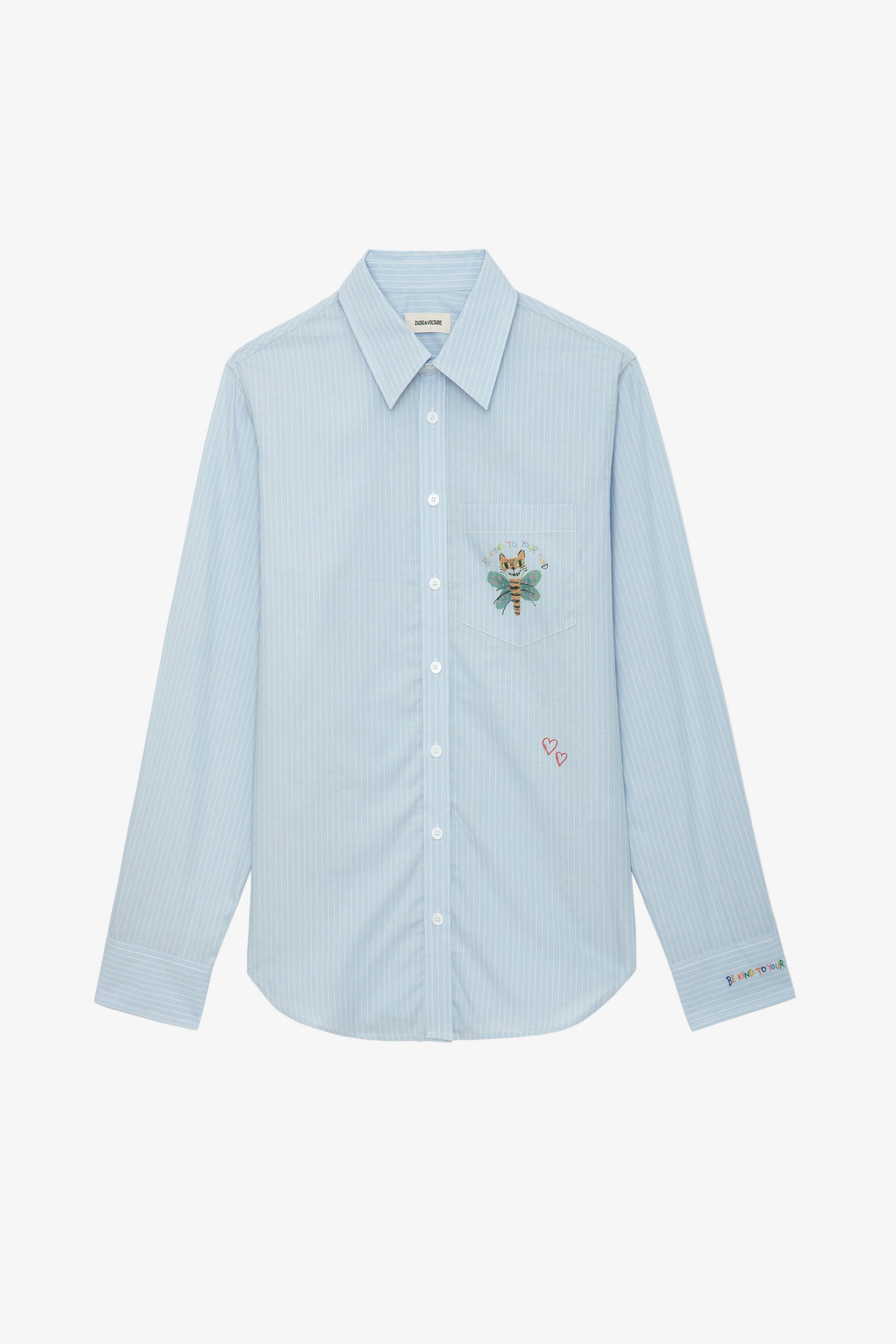 Camisa Taskiz - Camisa azul de algodón con mangas largas, rayas y detalles decorativos de Humberto Cruz.