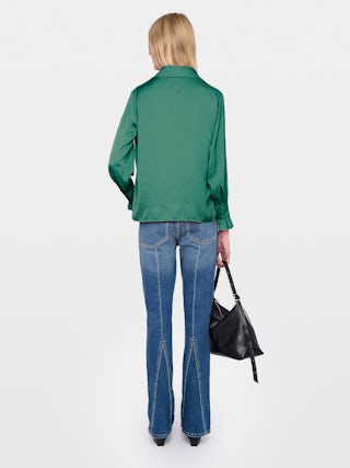 Thely Satin Shirt - Satin shirt with long sleeves, button fastening, and a wing-shaped rhinestone detail on the back.