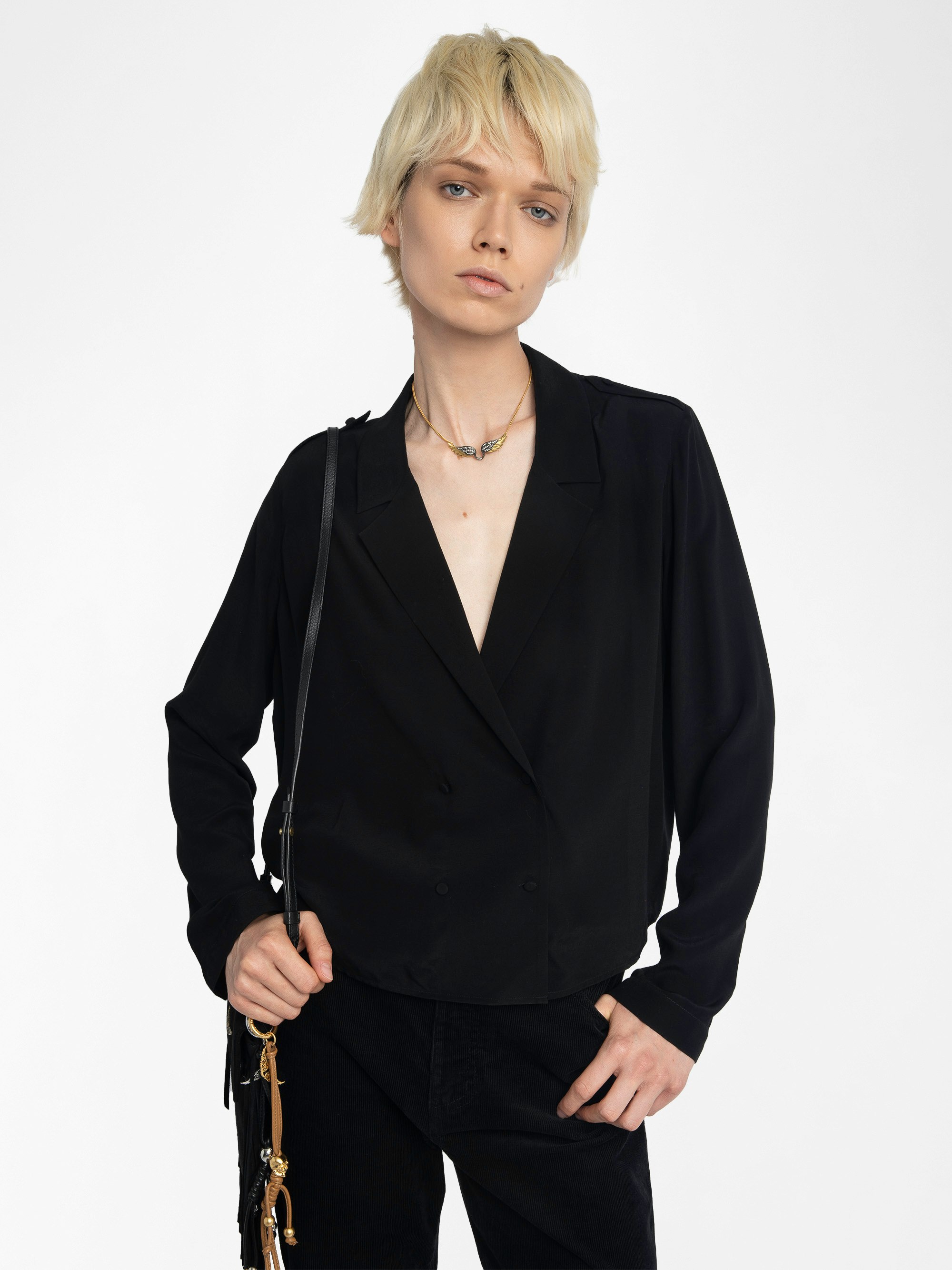 Tussi Soft Shirt - This black double-breasted shirt redefines tailoring with a rebellious twist—fluid lines, undone edges, and just the right amount of allure. Worn buttoned up or layered loose, it's a quiet force in your wardrobe. Rock chic, always.