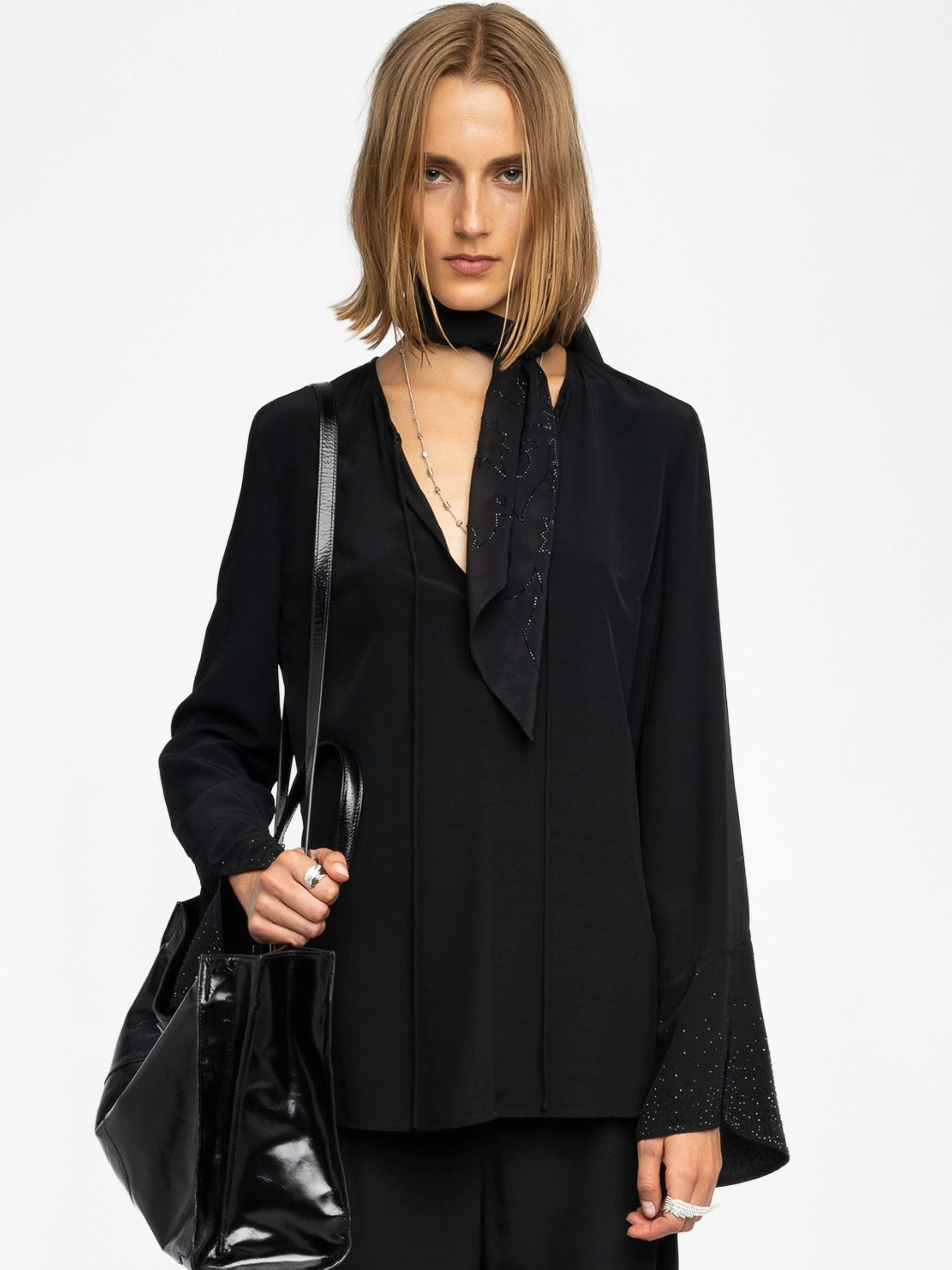 Turi Blouse - Viscose blouse with rhinestones, long sleeves and neckline.