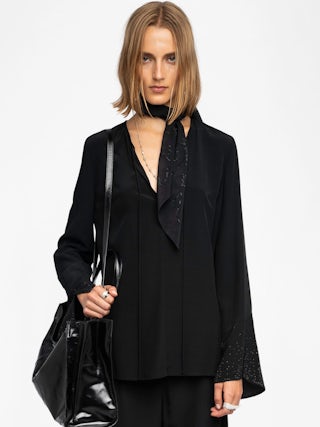 Turi Blouse - Viscose blouse with rhinestones, long sleeves and neckline.