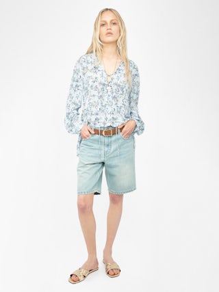 Blouse Tamela - Tunique en viscose imprimée, manches longues ballon, et décolleté avec laçage.