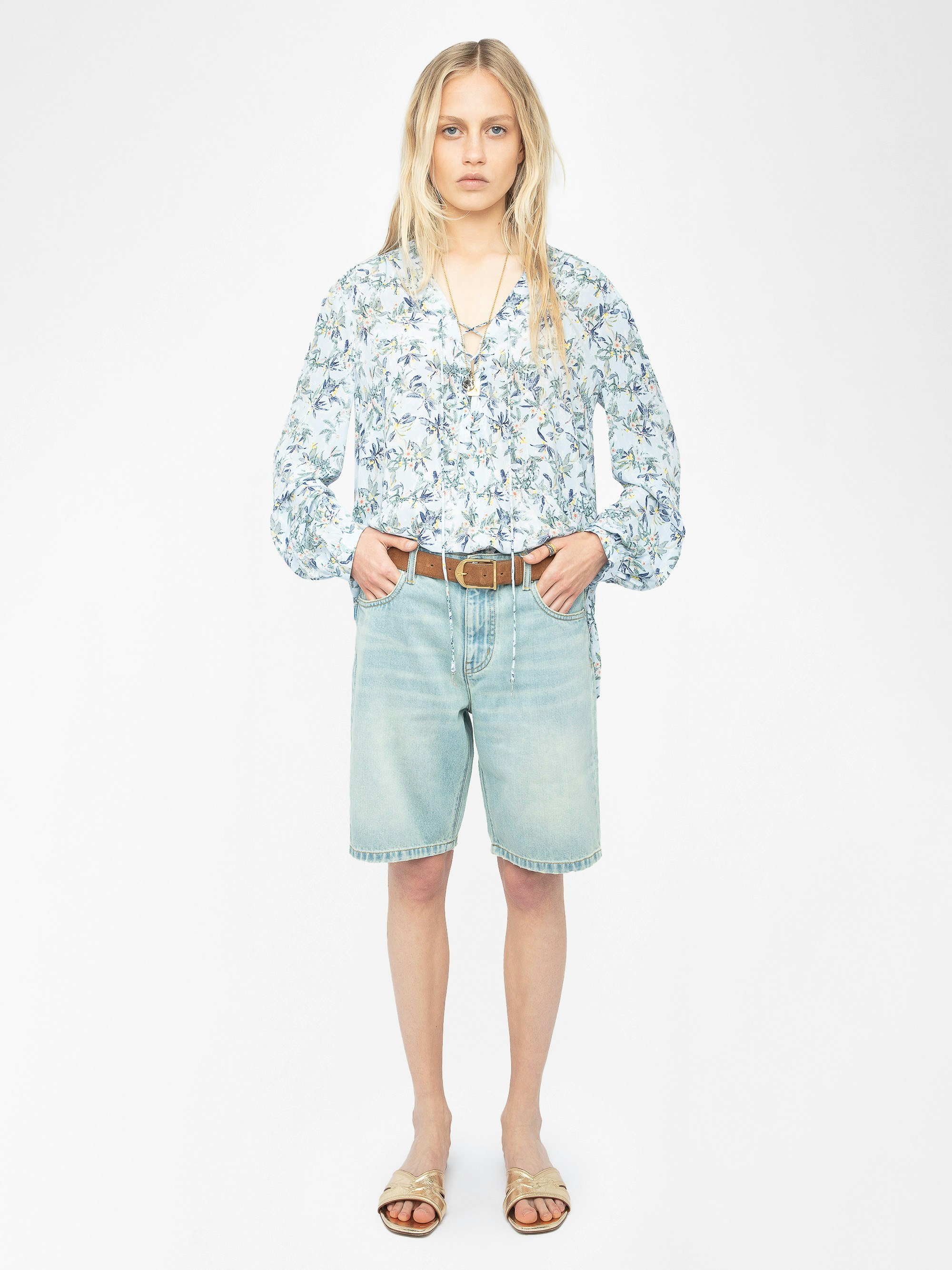 Blouse Tamela - Tunique en viscose imprimée, manches longues ballon, et décolleté avec laçage.