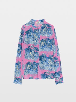 Bluse Tink - Bedruckte Viskosebluse mit offenem V-Ausschnitt, langen Ärmeln und gerafften Details.