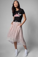 Joslin ZV Crush Skirt - Women's mid-length asymmetric skirt in red and ecru with heart print. Made with fibers from sustainably managed forests.