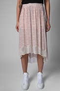 Joslin ZV Crush Skirt - Women's mid-length asymmetric skirt in red and ecru with heart print. Made with fibers from sustainably managed forests.