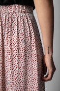 Joslin ZV Crush Skirt - Women's mid-length asymmetric skirt in red and ecru with heart print. Made with fibers from sustainably managed forests.