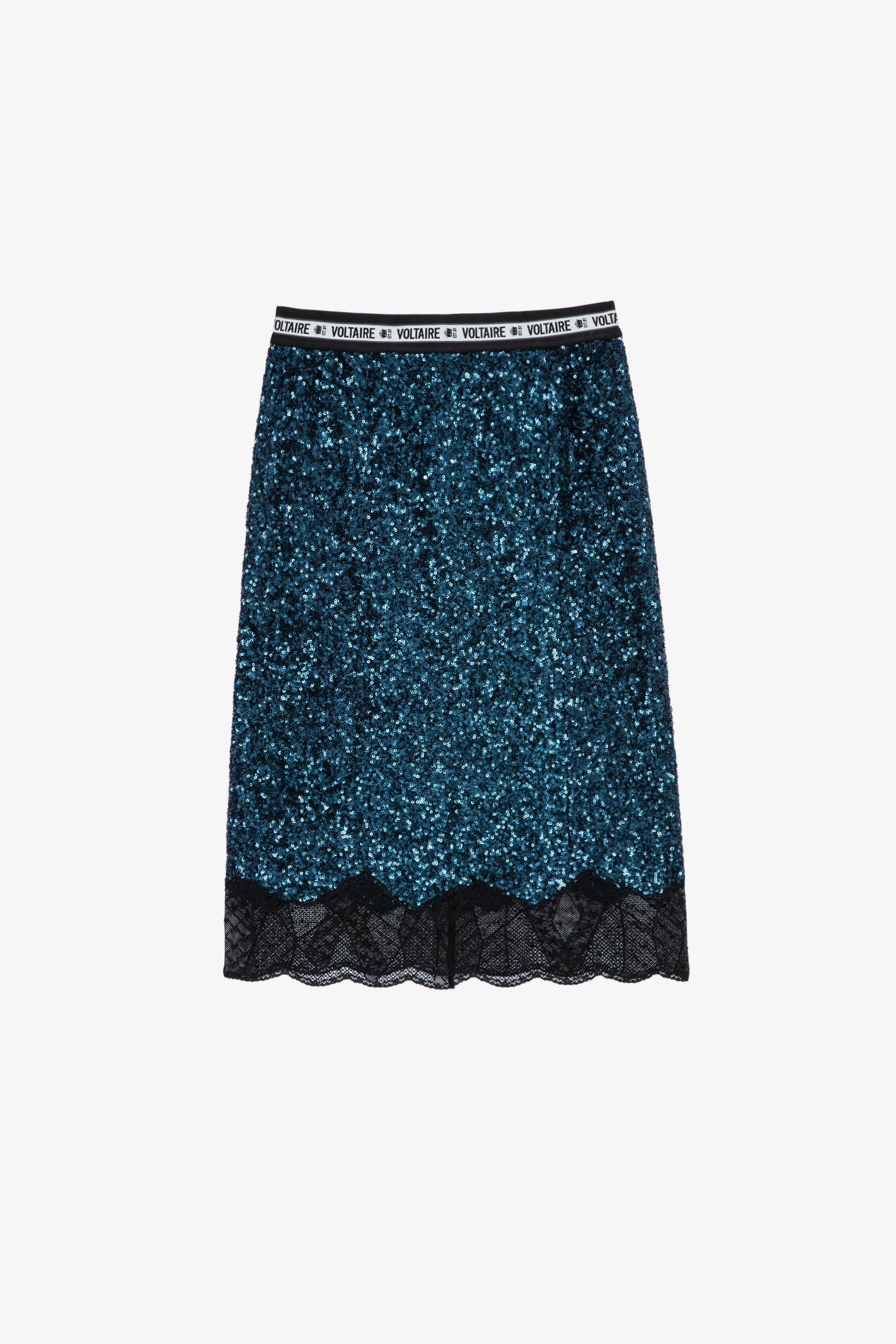 Justicia Sequins Skirt Women’s midi skirt decorated with blue sequins, patterned lace trim and crystal embellishment 