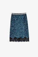 Gonna Justicia con paillettes - Gonna midi impreziosita da paillettes blu, con brodino in pizzo con motivi e strass donna