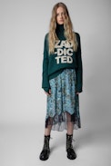 Joslin Bohemian Skirt - Women’s asymmetric satin skirt with floral print and contrasting lace trim