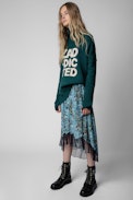 Joslin Bohemian Skirt - Women’s asymmetric satin skirt with floral print and contrasting lace trim