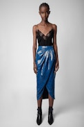 Jamelia Sequins Skirt - Women’s blue wrap skirt with leopard print and sequins