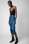 Jamelia Sequins Skirt - Women’s blue wrap skirt with leopard print and sequins
