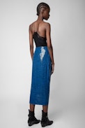 Jamelia Sequins Skirt - Women’s blue wrap skirt with leopard print and sequins
