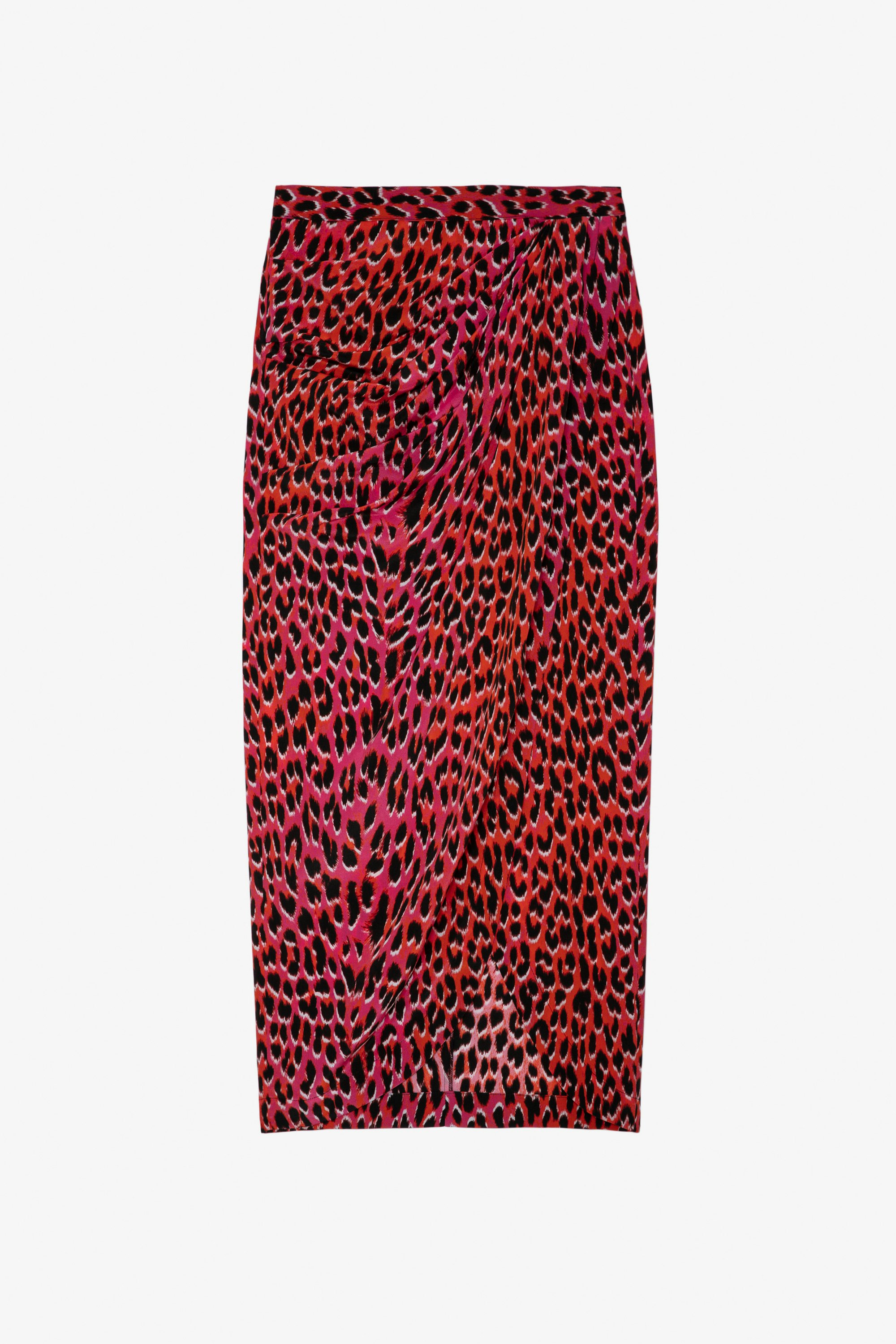 Jupe Jamelia Léopard Soie - Jupe longue drapée en soie rose imprimé léopard.