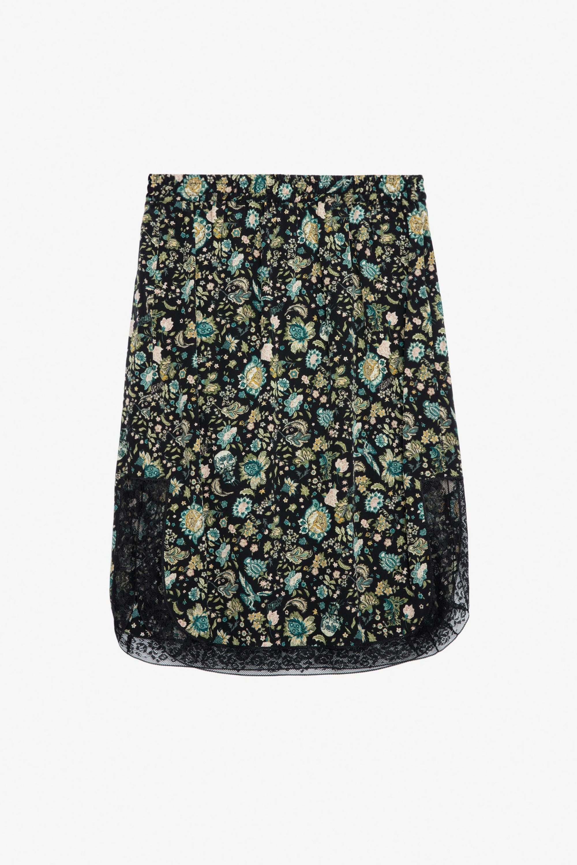 Jozy Silk Skirt - Women’s black silk lingerie-style midi skirt with split, floral print and lace trim.