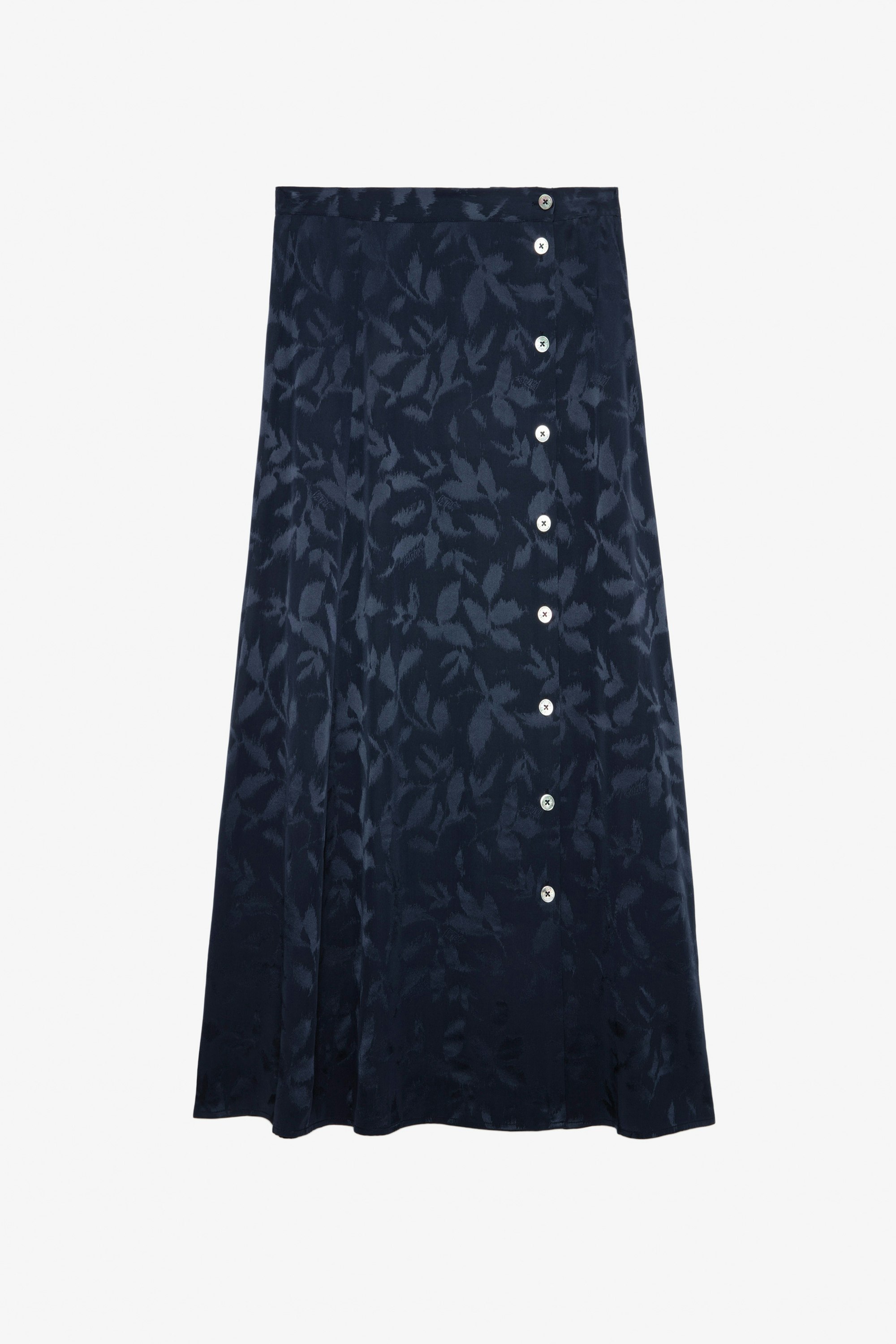 Falda June Seda Jacquard - Falda larga azul marino abotonada de jacquard de seda con motivo estrella para mujer.