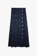 June Silk Jacquard Skirt - Women’s long navy blue silk buttoned skirt with jacquard star.