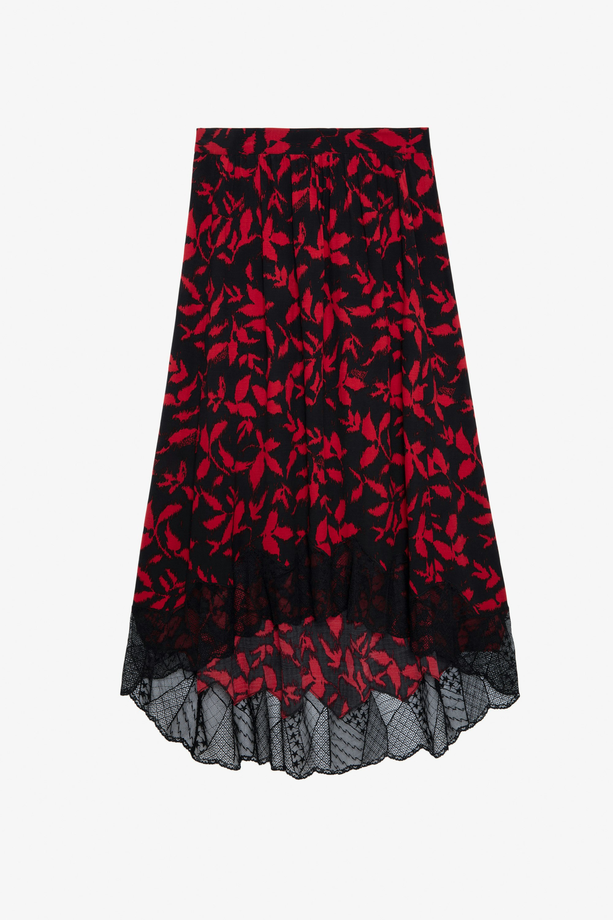 Falda Joslin - Falda midi negra con estampado floral y borde de encaje para mujer.