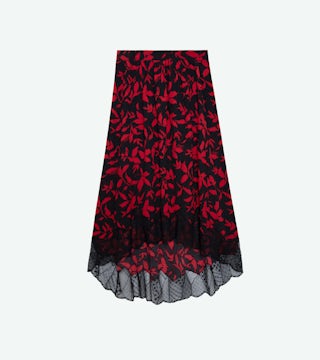 Jupe Joslin - Jupe mi-longue noire imprimé fleuri à bords en dentelle.