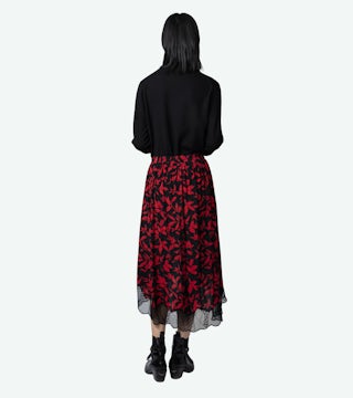 Jupe Joslin - Jupe mi-longue noire imprimé fleuri à bords en dentelle.