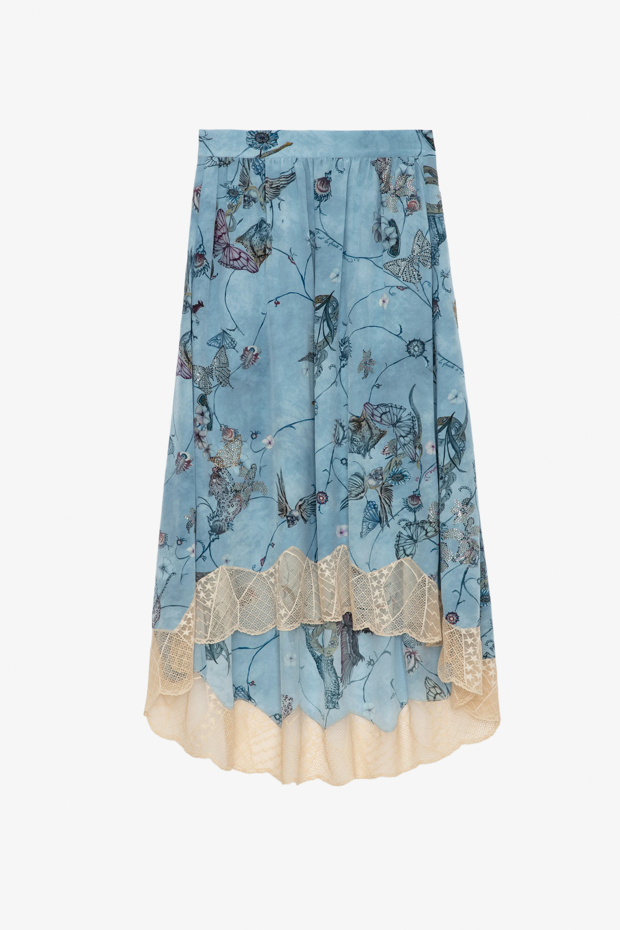 Joslin Diamanté Silk Skirt - Printed blue silk asymmetric midi skirt for a lingerie style with lace and diamanté.