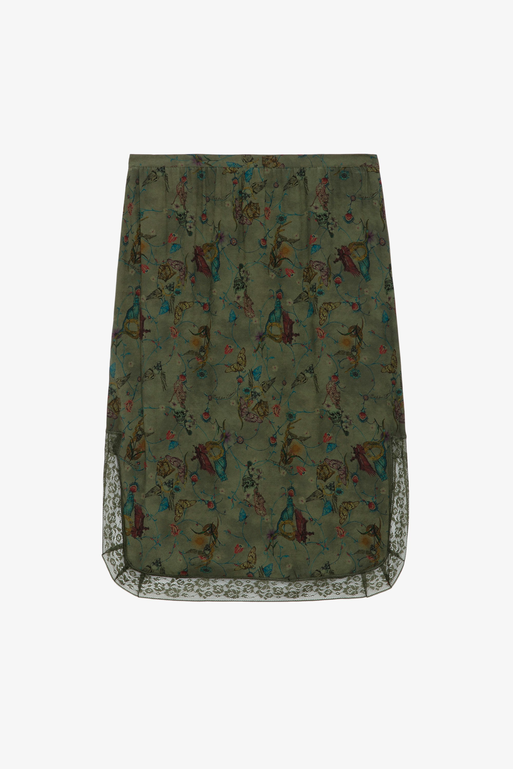 Jozy Skirt - Printed khaki lingerie-style midi skirt with split and lace trim.
