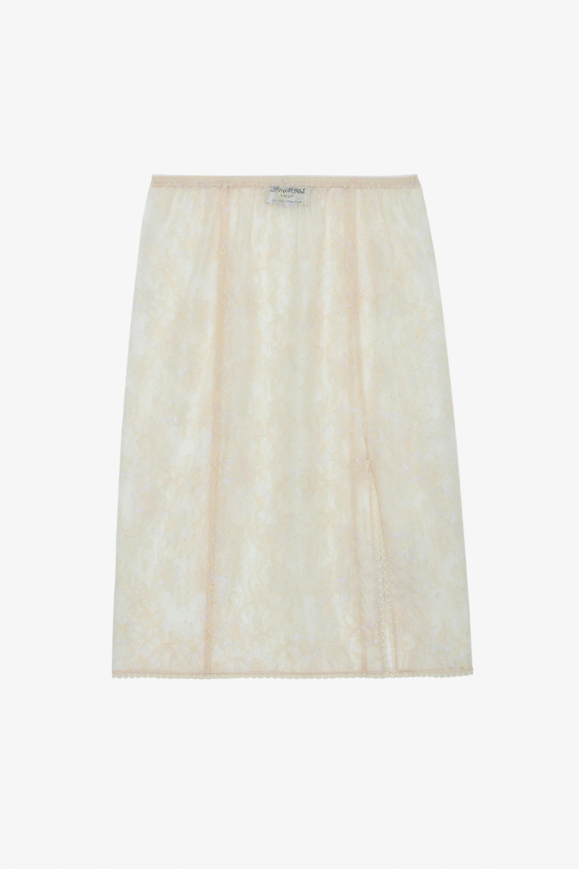 Justicia Skirt - Ecru lingerie-style midi skirt with floral lace.