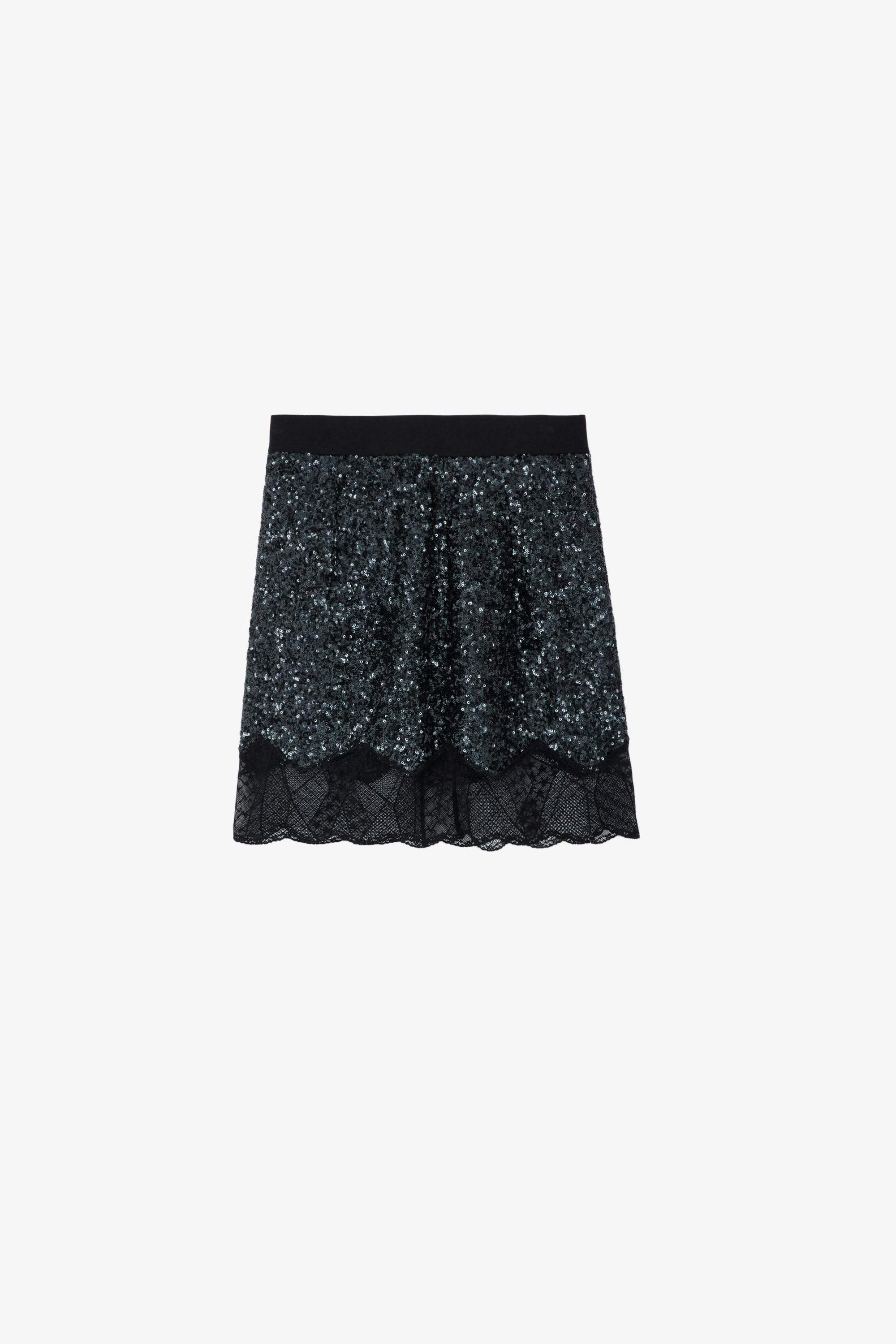 Falda de Lentejuelas Justicias - Falda negra corta con cinturilla elástica, lentejuelas y bordes de encaje.