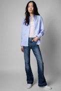 Tais Shirt - Women's striped cotton shirt in sky-blue with street art print