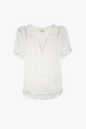 Top Twity Satin - Blusa da donna in raso écru con volant.