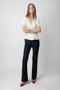 Twity Satin Top - Women’s off-white satin ruffled blouse.