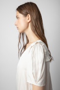 Twity Satin Top - Women’s off-white satin ruffled blouse.