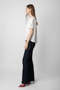 Twity Satin Top - Women’s off-white satin ruffled blouse.