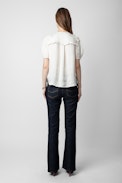 Twity Satin Top - Women’s off-white satin ruffled blouse.
